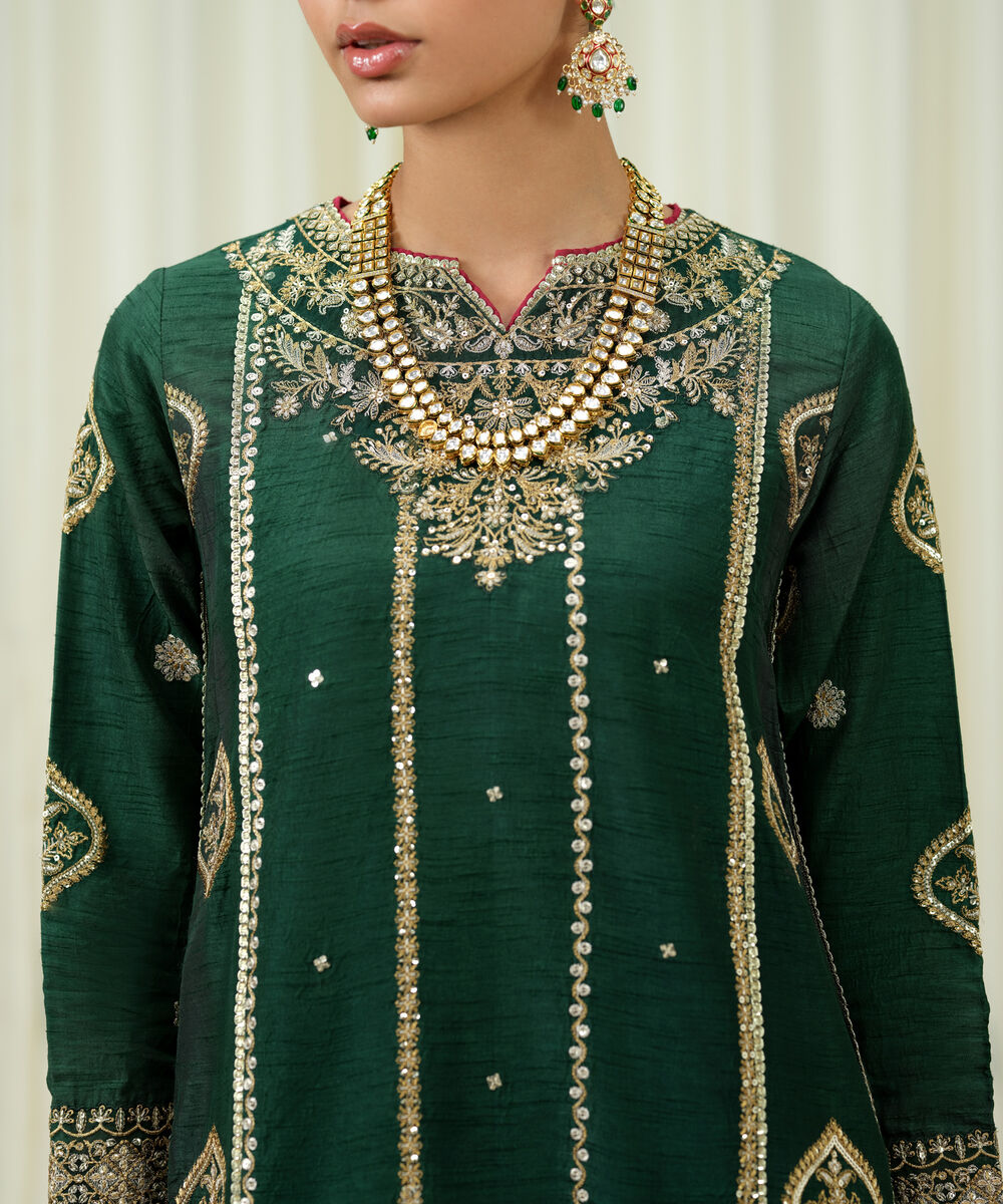 3 Piece - Embroidered Raw Silk Suit