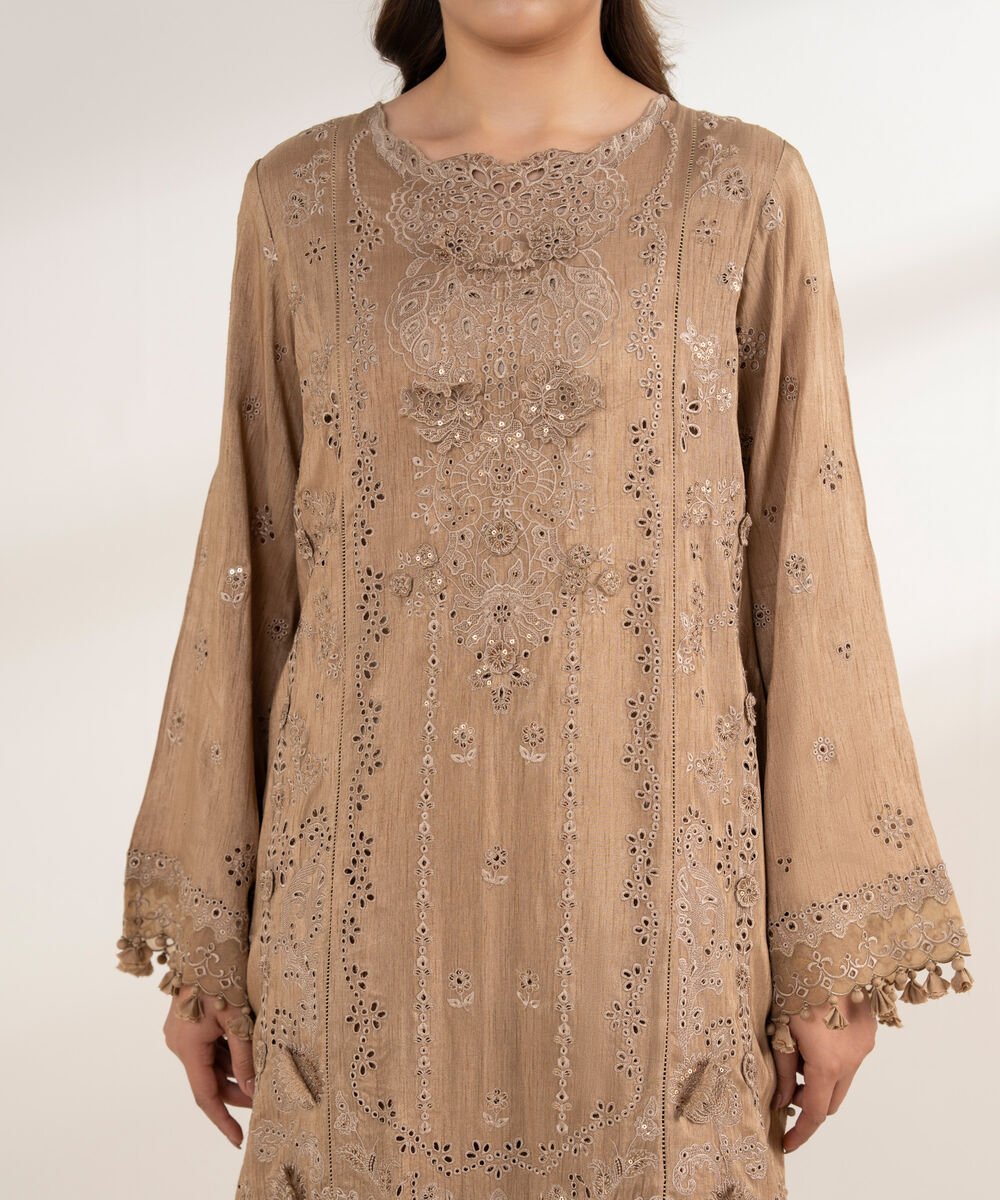 3 Piece - Embroidered Viscose Raw Silk Suit