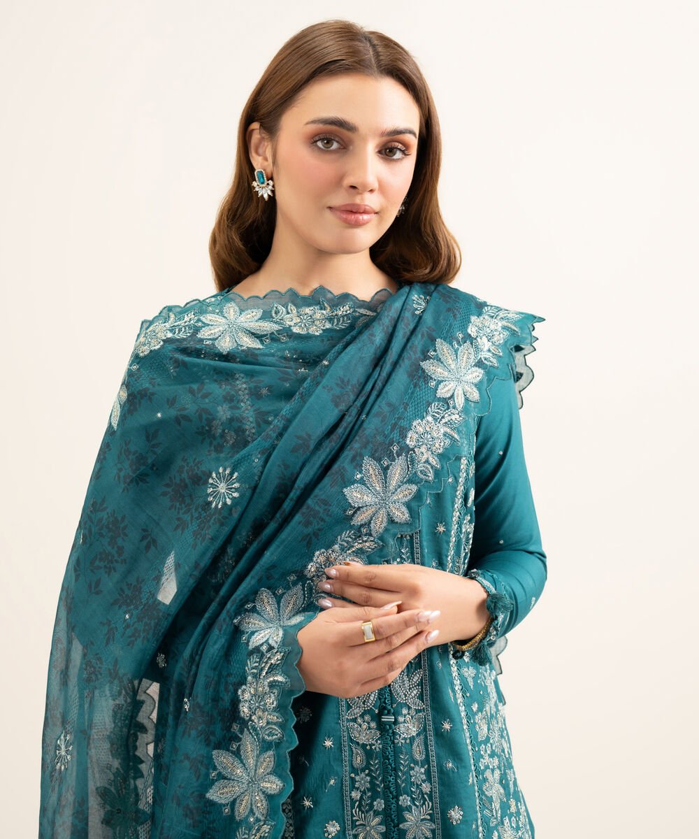 3 Piece - Embroidered Cotton Satin Suit