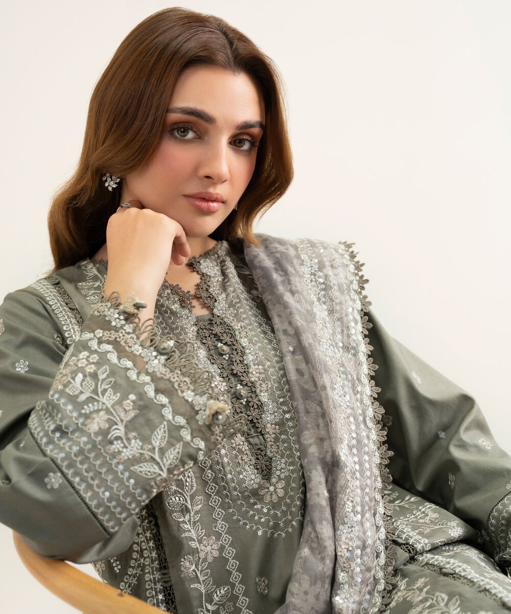 3 Piece - Embroidered Cotton Satin Suit
