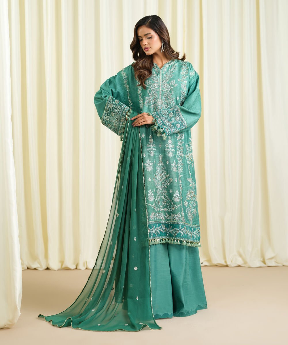 3 Piece - Embroidered Raw Silk Suit
