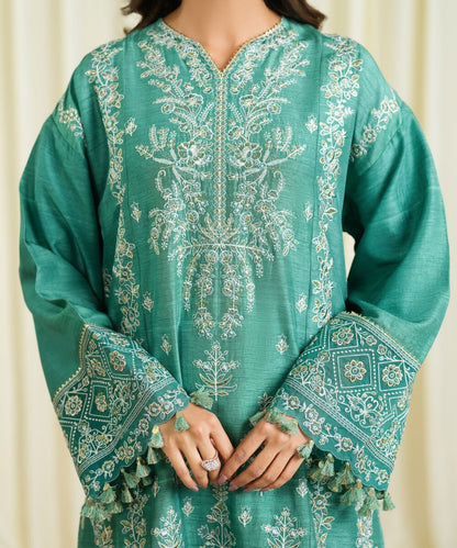3 Piece - Embroidered Raw Silk Suit