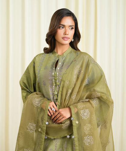 3 Piece - Embroidered Raw Silk Suit