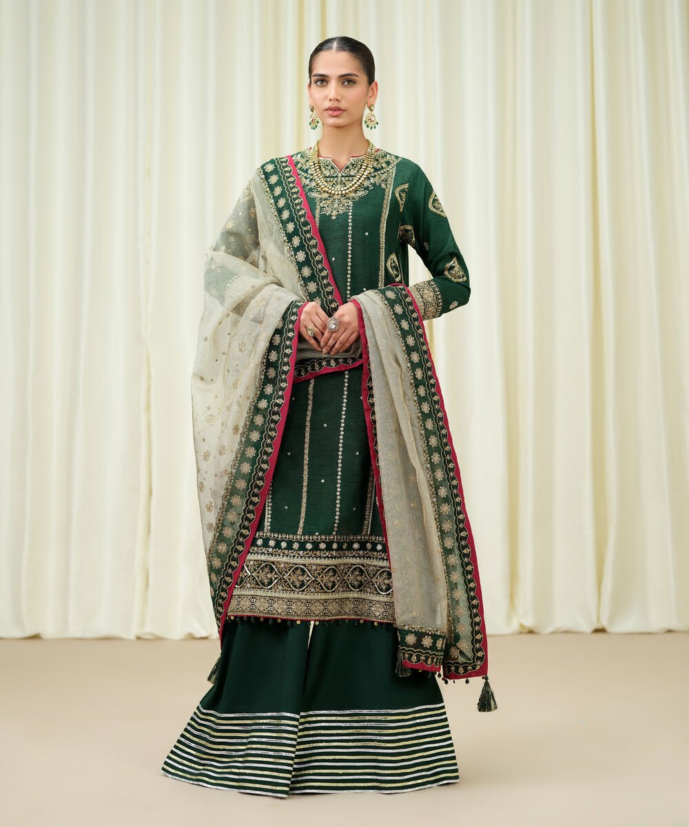 3 Piece - Embroidered Raw Silk Suit