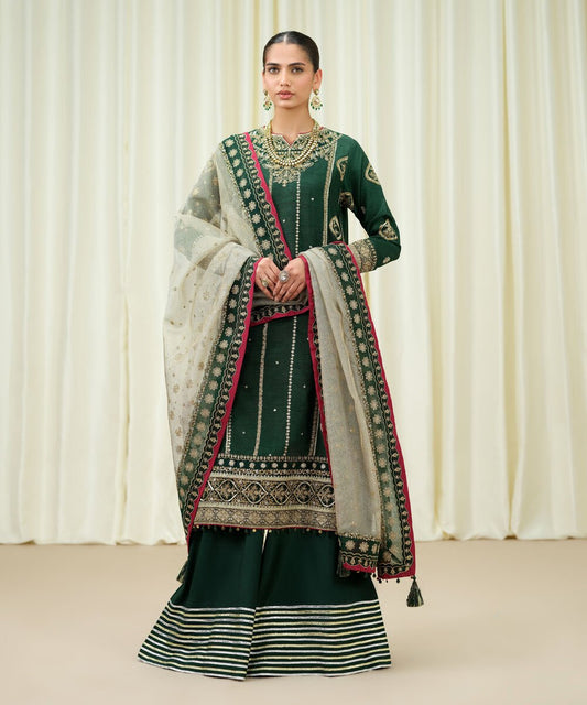 3 Piece - Embroidered Raw Silk Suit