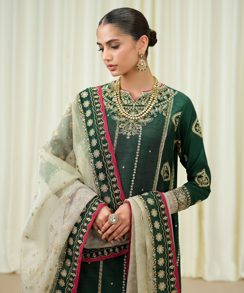 3 Piece - Embroidered Raw Silk Suit