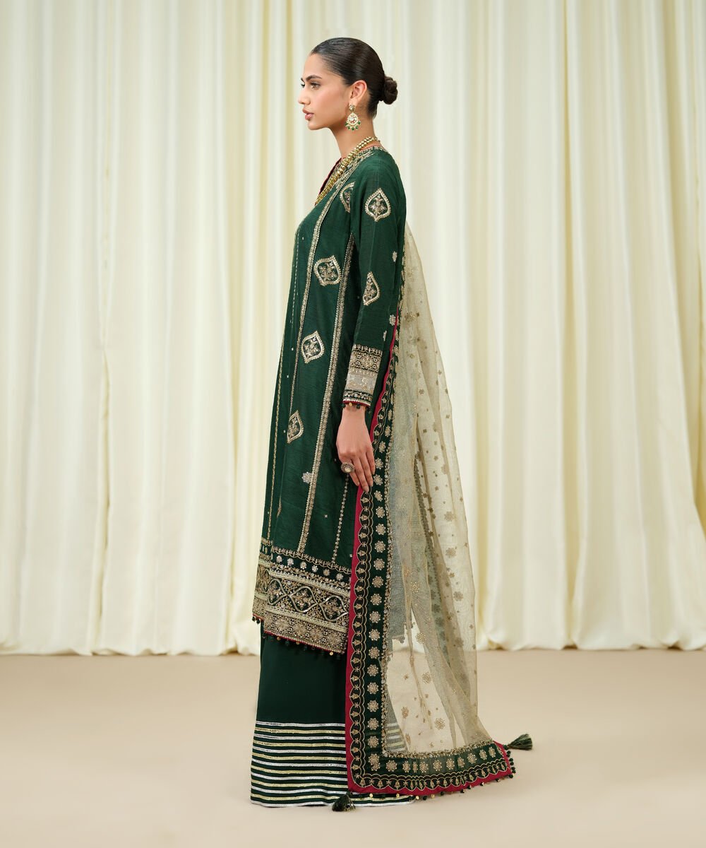 3 Piece - Embroidered Raw Silk Suit
