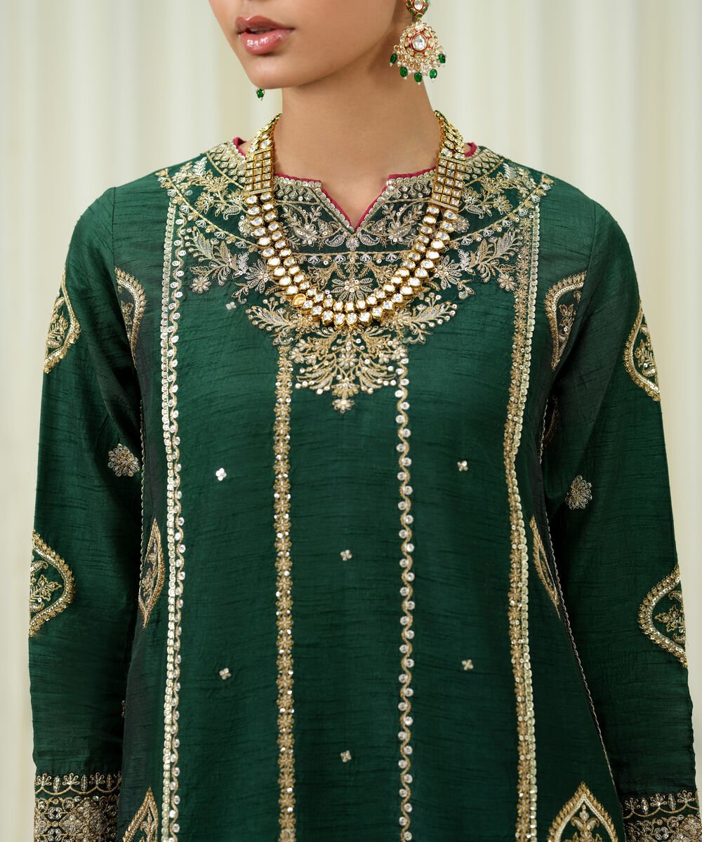 3 Piece - Embroidered Raw Silk Suit
