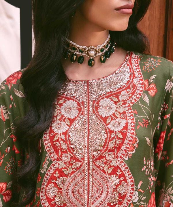 2 Piece - Embroidered Raw Silk Suit (Stitched)