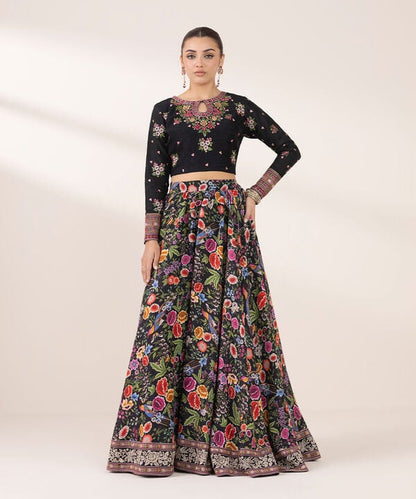 Embroidered Raw Silk Lehenga Set (Stitched)