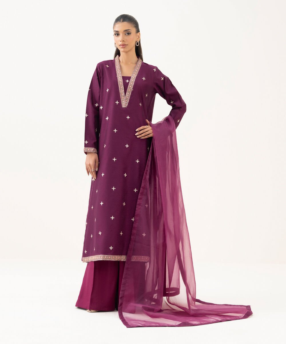 3 Piece - Embroidered Cotton Net Suit