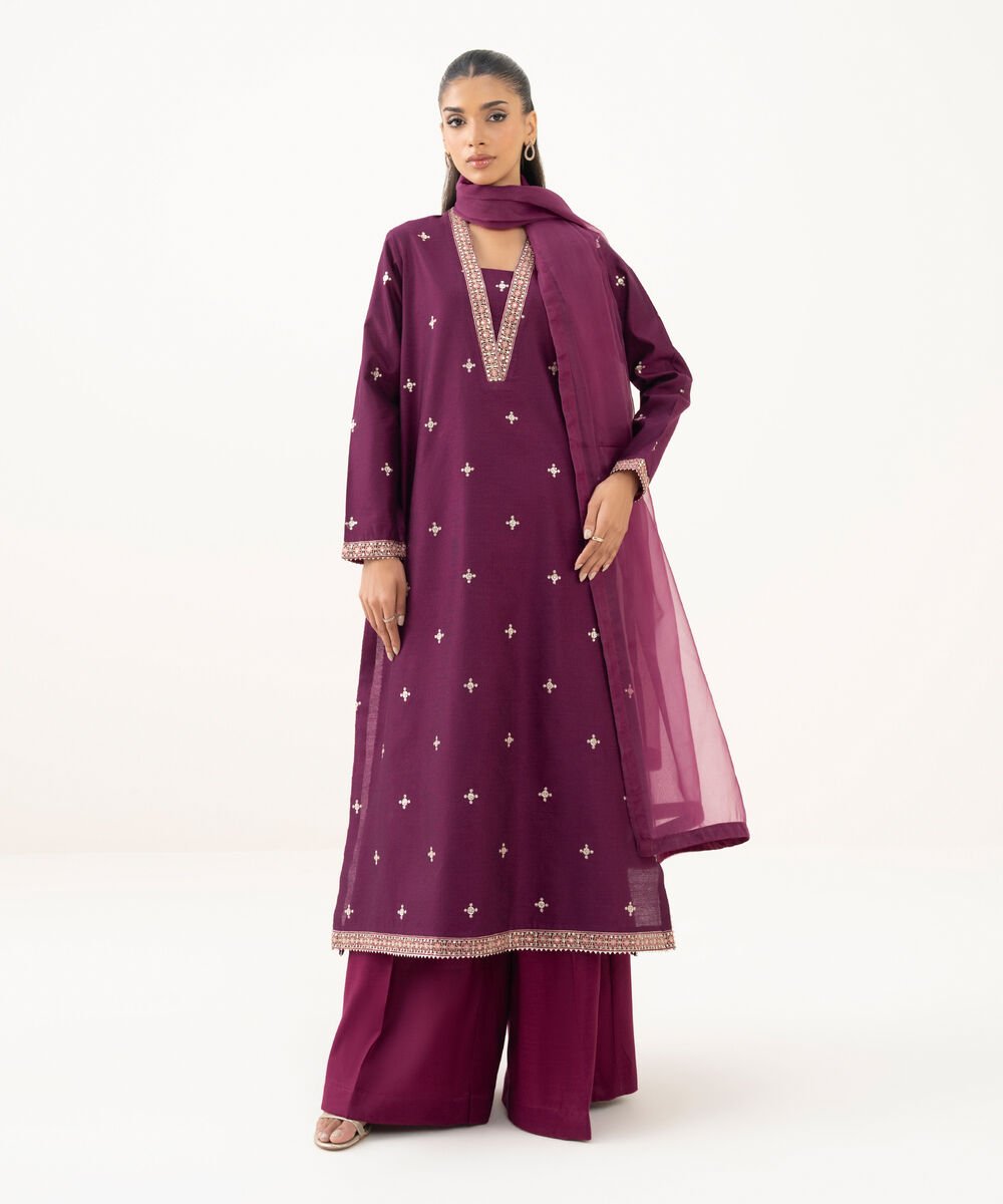 3 Piece - Embroidered Cotton Net Suit