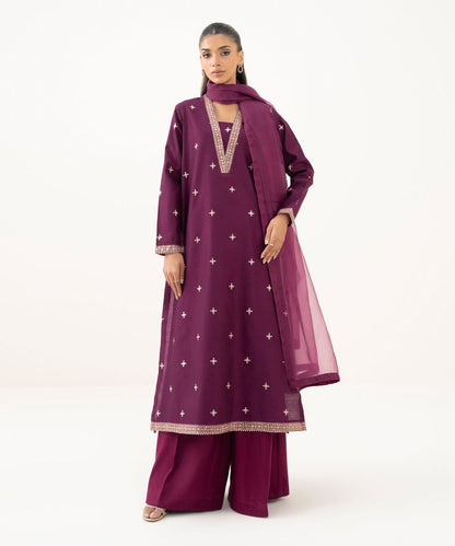 3 Piece - Embroidered Cotton Net Suit
