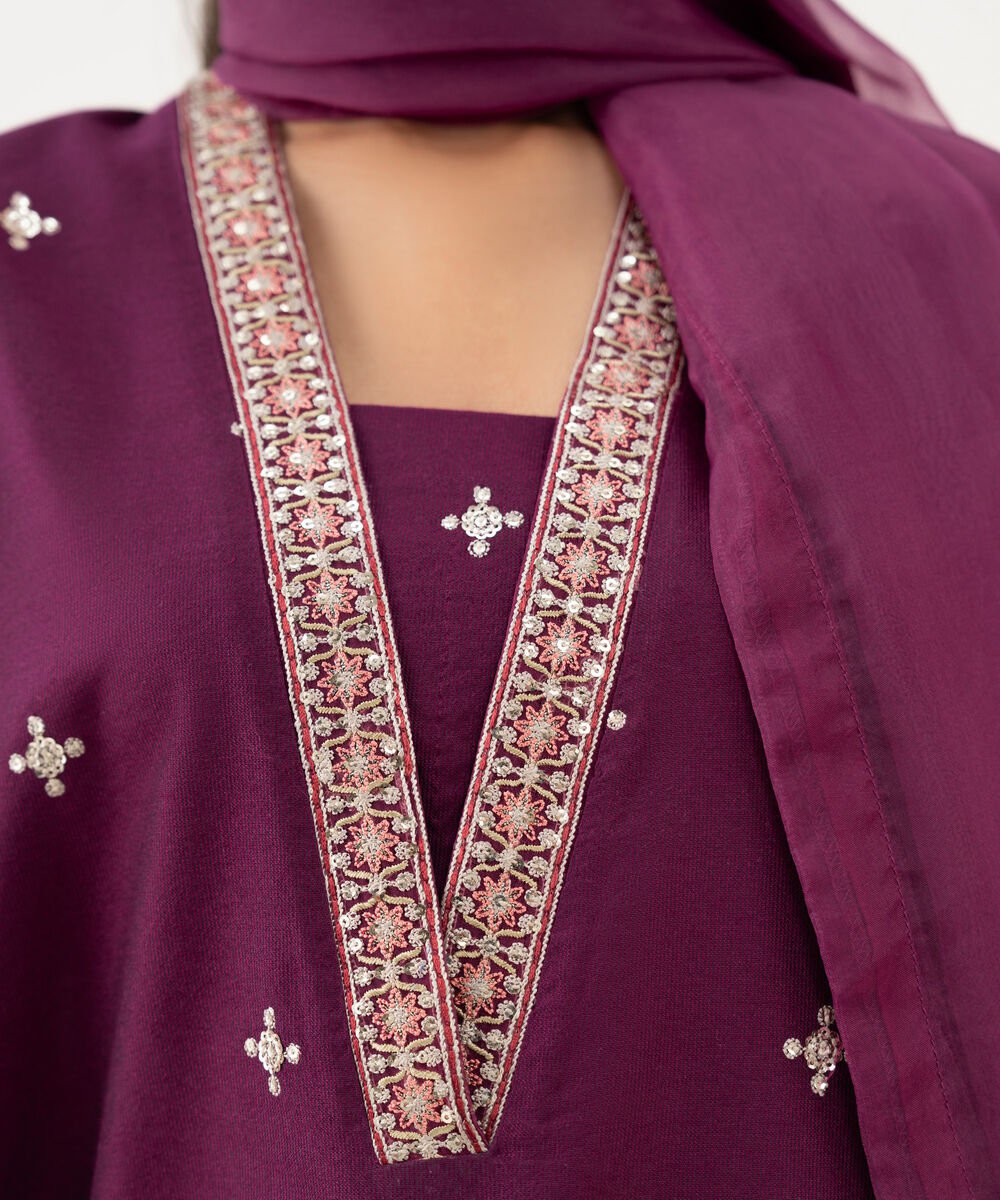 3 Piece - Embroidered Cotton Net Suit