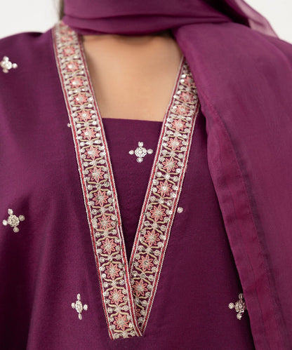 3 Piece - Embroidered Cotton Net Suit