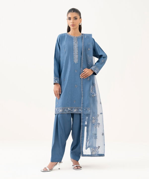 3 Piece - Embroidered Cotton Net Suit