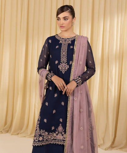 3 Piece - Embroidered Blended Net Suit (Unstitched)