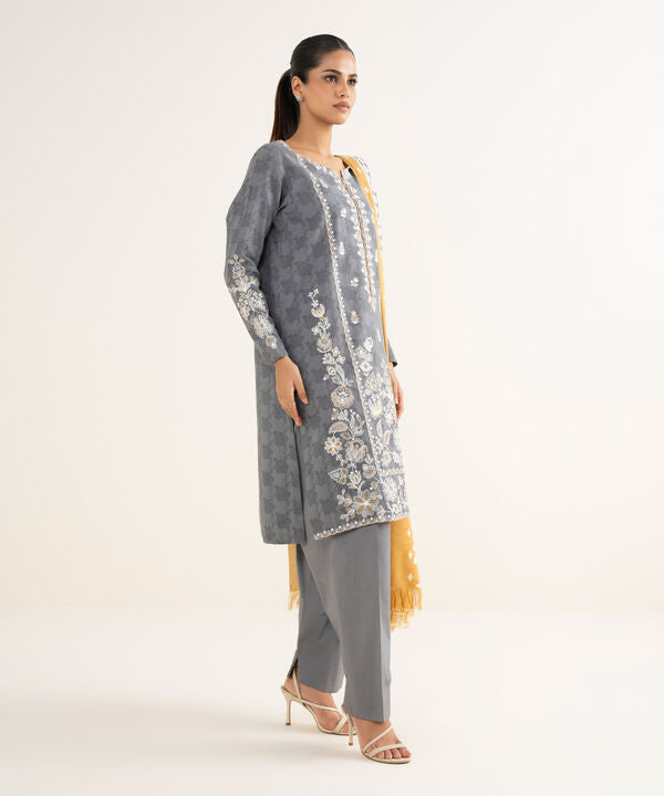 3 Piece - Embroidered Cotton Jacquard Suit