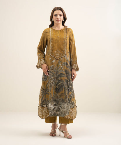 2 Piece - Embroidered Raw Silk Suit