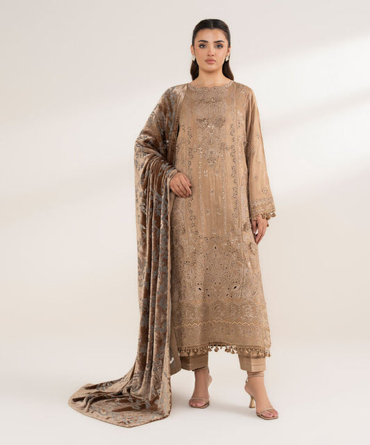 3 Piece - Embroidered Viscose Raw Silk Suit