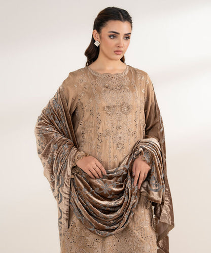 3 Piece - Embroidered Viscose Raw Silk Suit