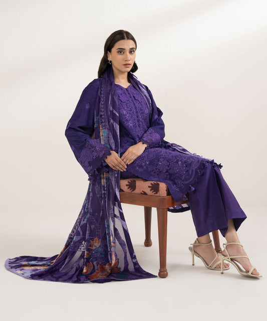 3 Piece - Embroidered Viscose Raw Silk Suit