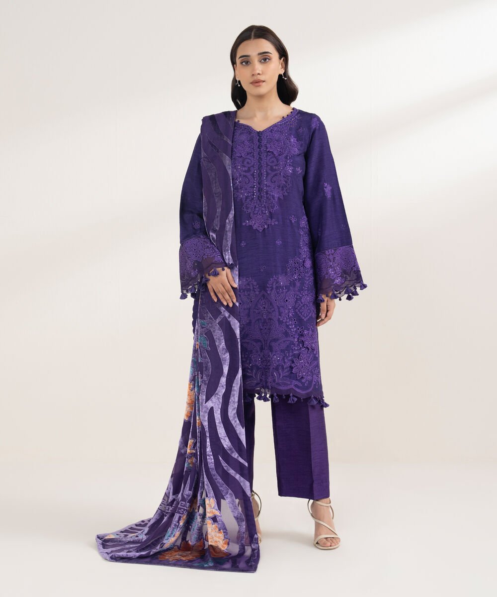 3 Piece - Embroidered Viscose Raw Silk Suit
