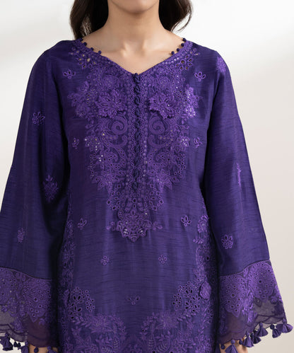 3 Piece - Embroidered Viscose Raw Silk Suit