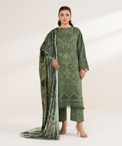 3 Piece - Embroidered Viscose Raw Silk Suit