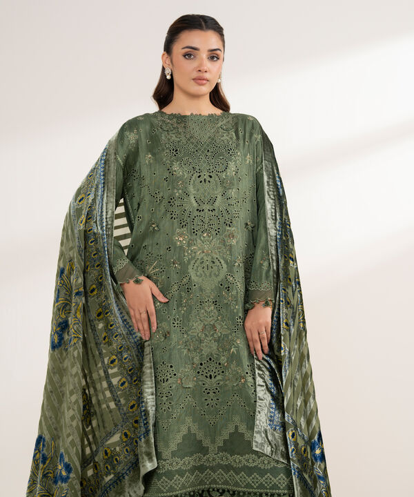 3 Piece - Embroidered Viscose Raw Silk Suit
