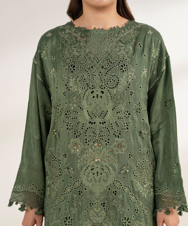 3 Piece - Embroidered Viscose Raw Silk Suit