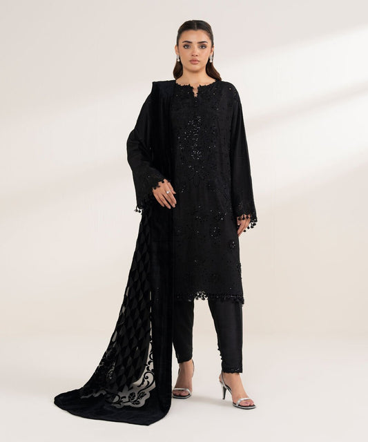 3 Piece - Embroidered Viscose Raw Silk Suit
