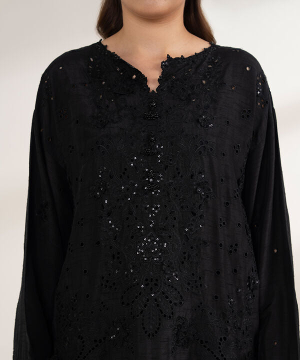3 Piece - Embroidered Viscose Raw Silk Suit