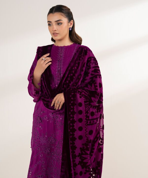 3 Piece - Embroidered Viscose Raw Silk Suit