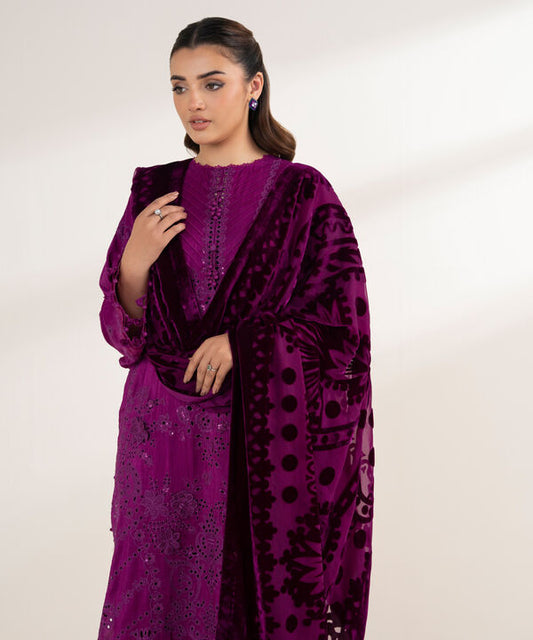 3 Piece - Embroidered Viscose Raw Silk Suit