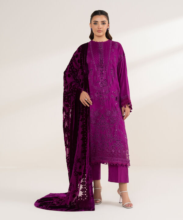 3 Piece - Embroidered Viscose Raw Silk Suit