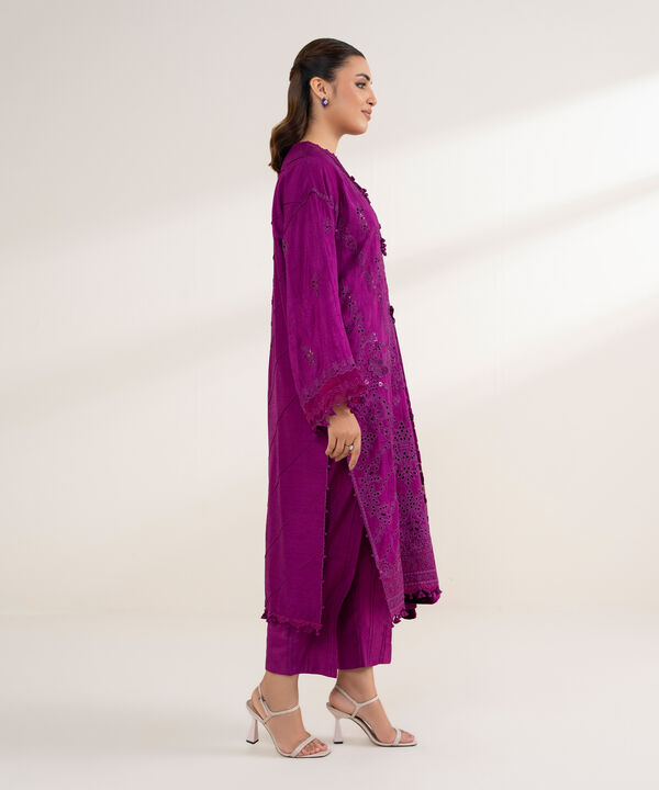 3 Piece - Embroidered Viscose Raw Silk Suit