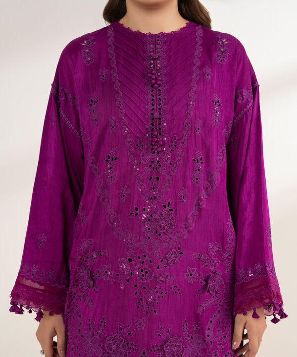 3 Piece - Embroidered Viscose Raw Silk Suit