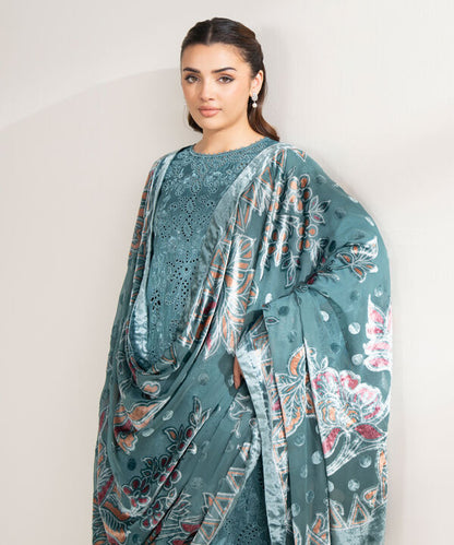 3 Piece - Embroidered Viscose Raw Silk Suit