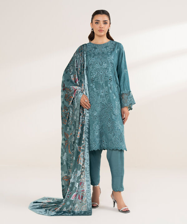 3 Piece - Embroidered Viscose Raw Silk Suit