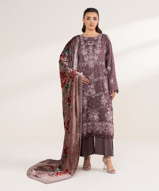 3 Piece - Embroidered Viscose Raw Silk Suit