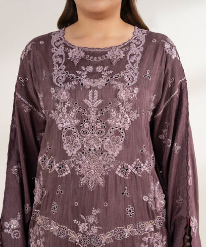 3 Piece - Embroidered Viscose Raw Silk Suit