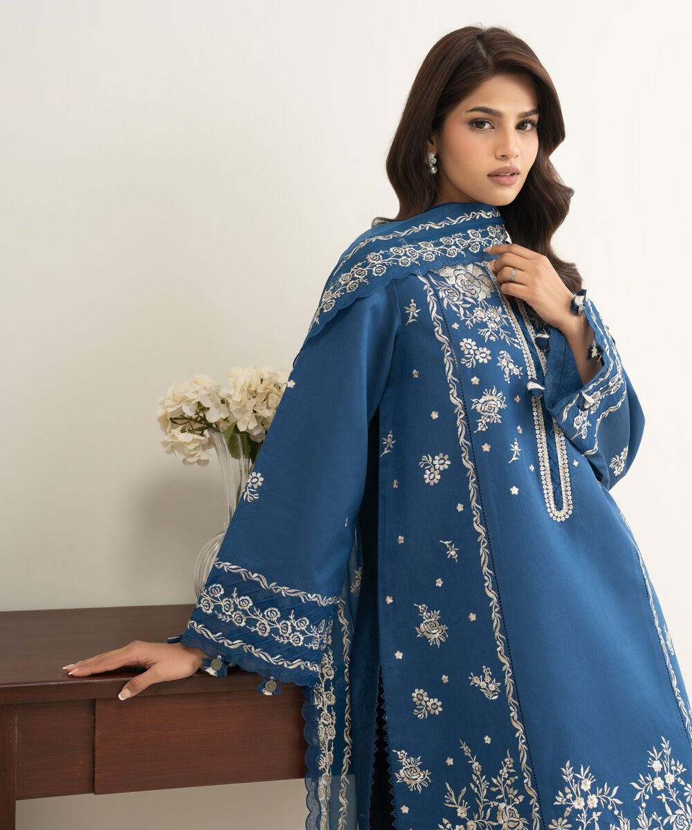 3 Piece - Embroidered Cotton Net Suit
