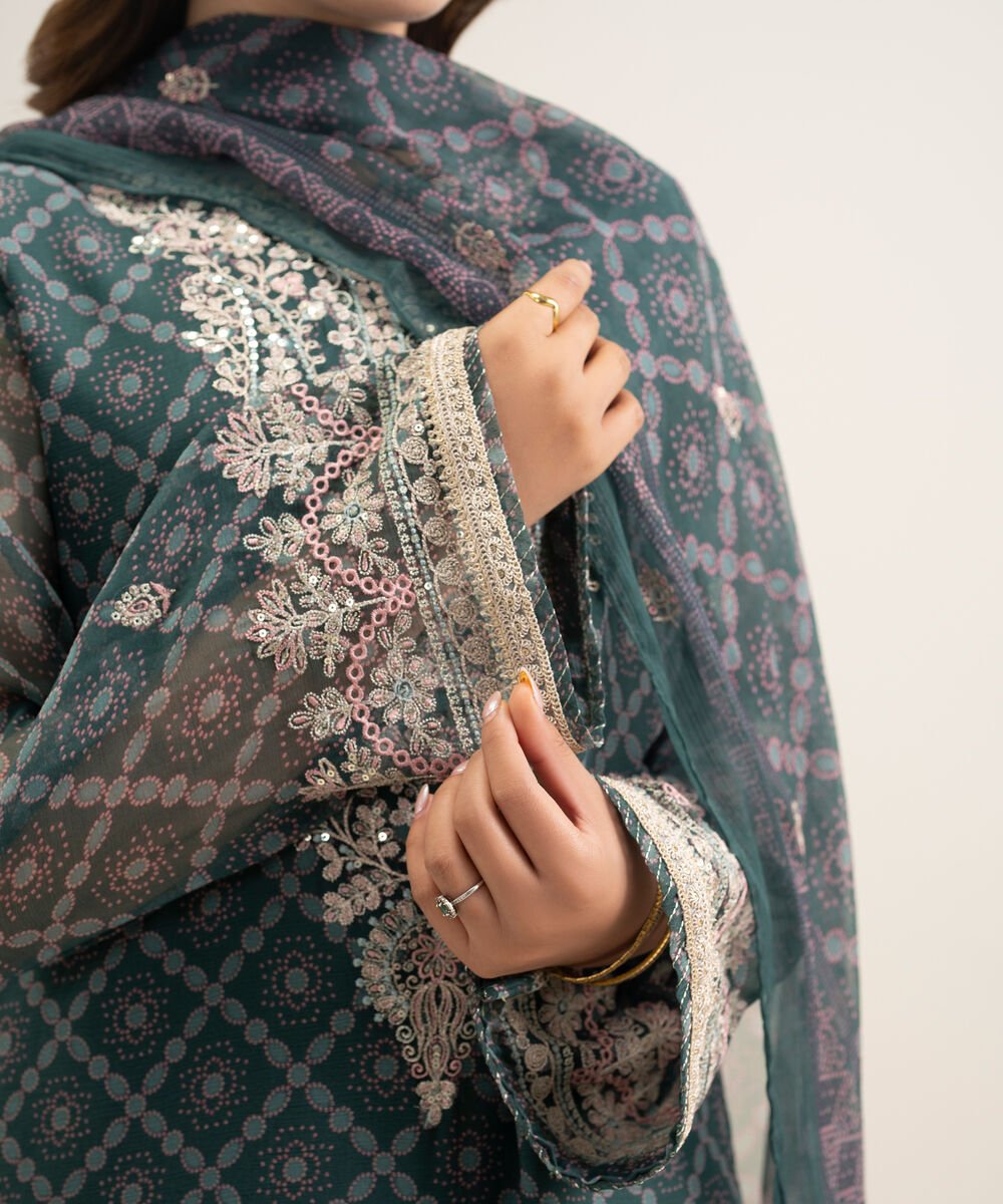 3 Piece - Embroidered Chiffon Suit