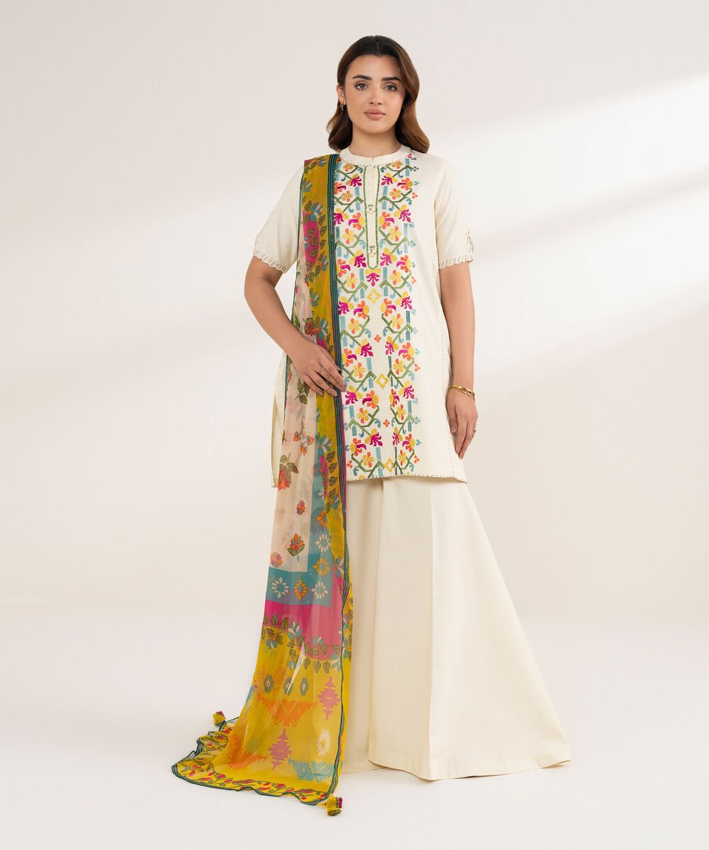 3 Piece - Embroidered Cotton Suit