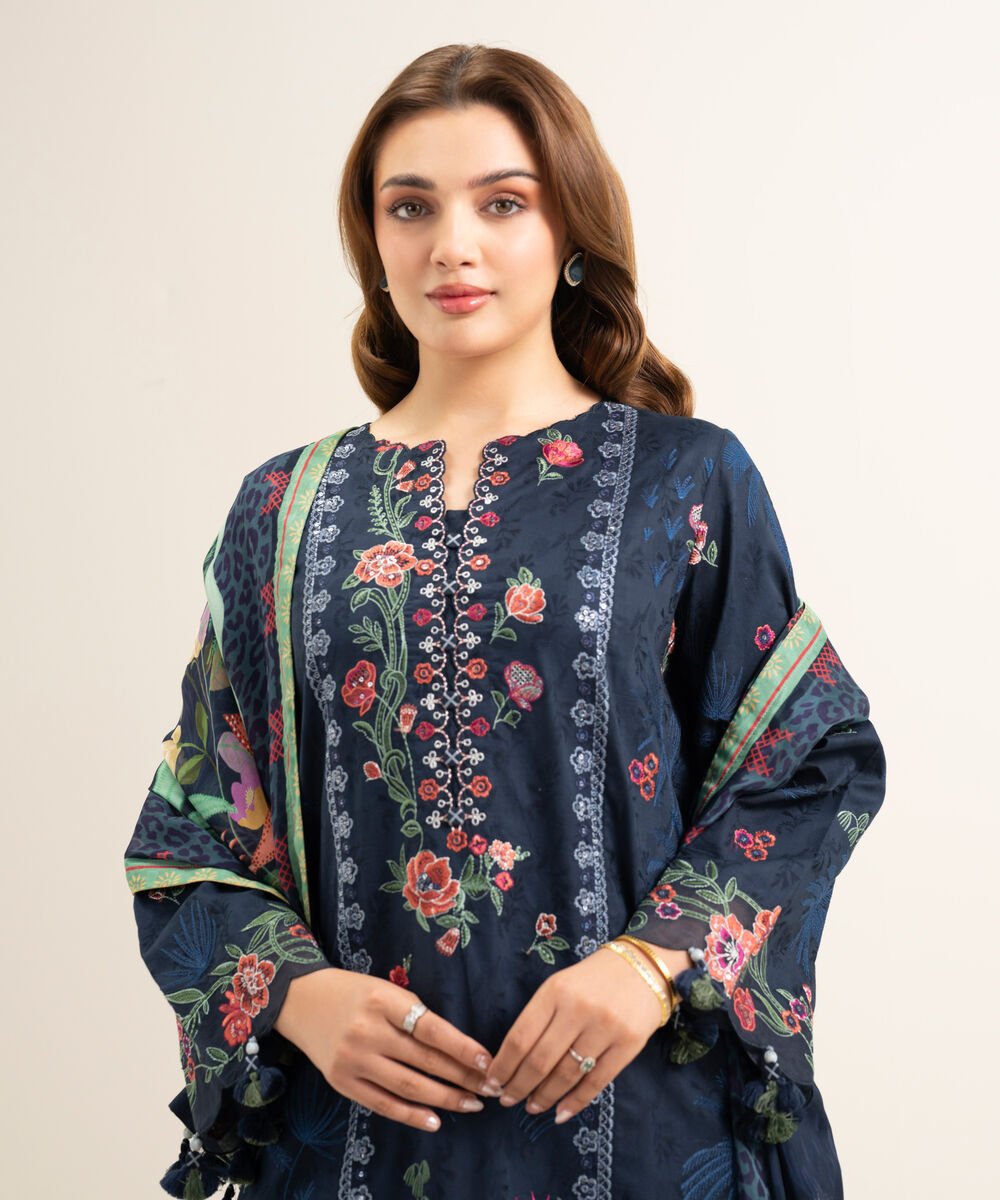 3 Piece - Embroidered Cotton Jacquard Suit