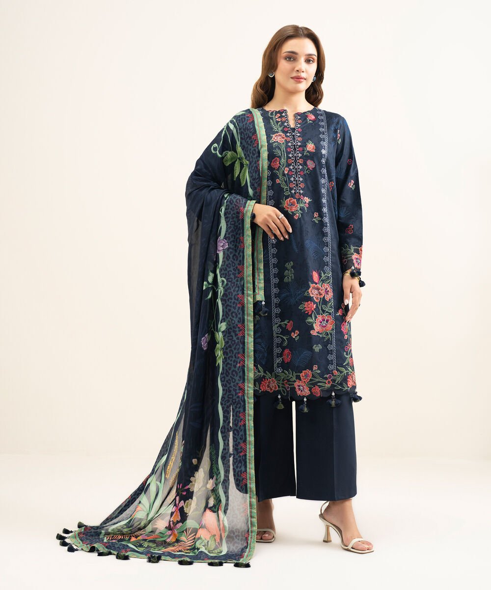 3 Piece - Embroidered Cotton Jacquard Suit