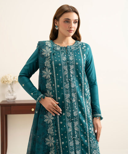 3 Piece - Embroidered Cotton Satin Suit