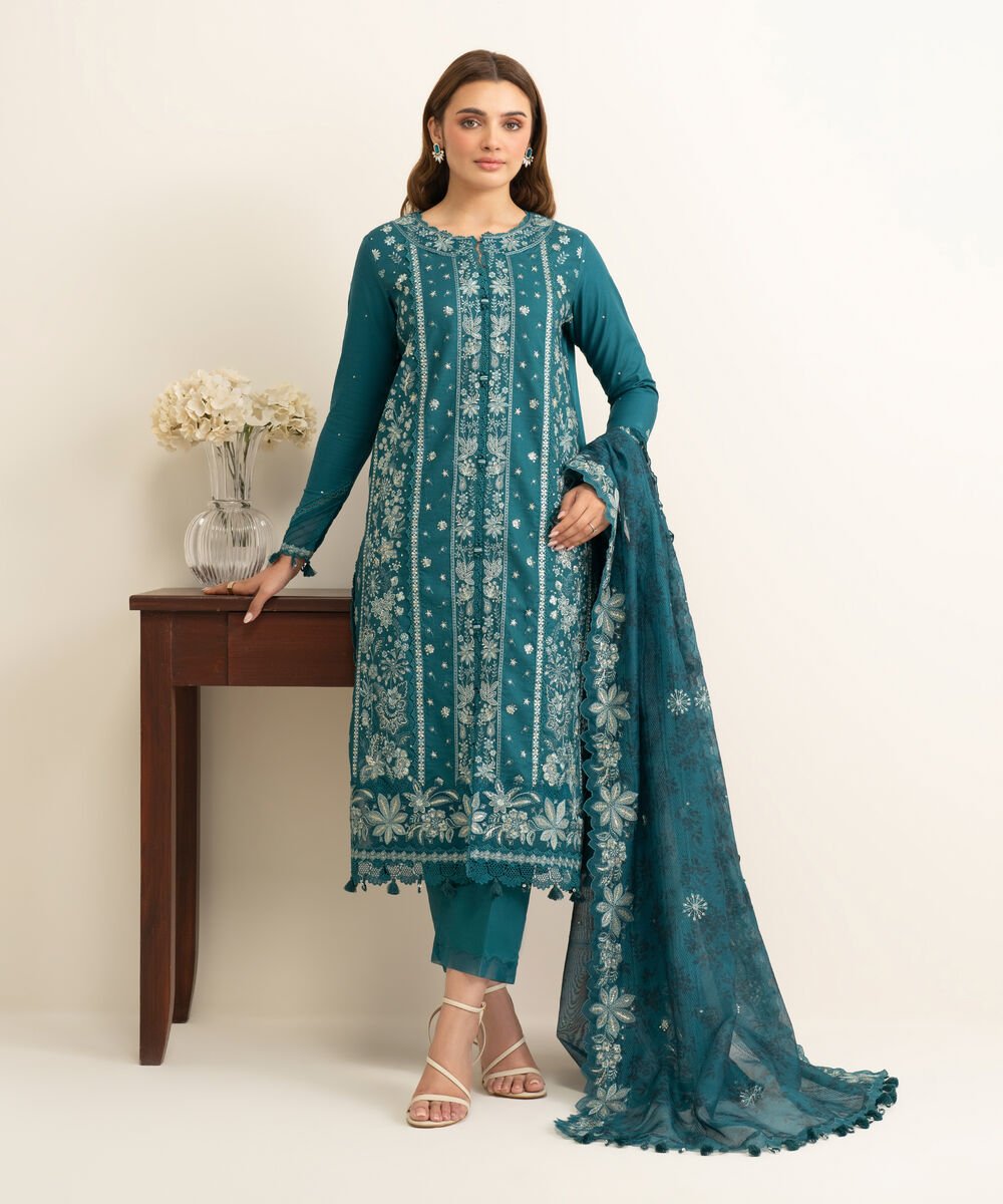 3 Piece - Embroidered Cotton Satin Suit