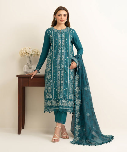 3 Piece - Embroidered Cotton Satin Suit